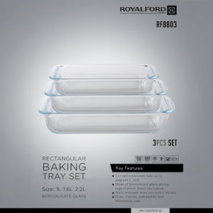Royalford RF8803 3-Piece Rectangular Borosilicate Glass Baking Tray Set | High thermal shock resistance | Stain-resistant and non-porous glass | Integrated side handles