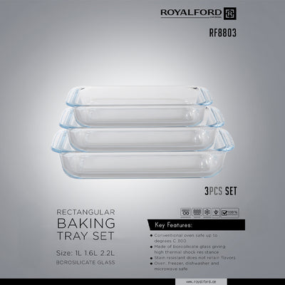 Royalford RF8803 3-Piece Rectangular Borosilicate Glass Baking Tray Set | High thermal shock resistance | Stain-resistant and non-porous glass | Integrated side handles