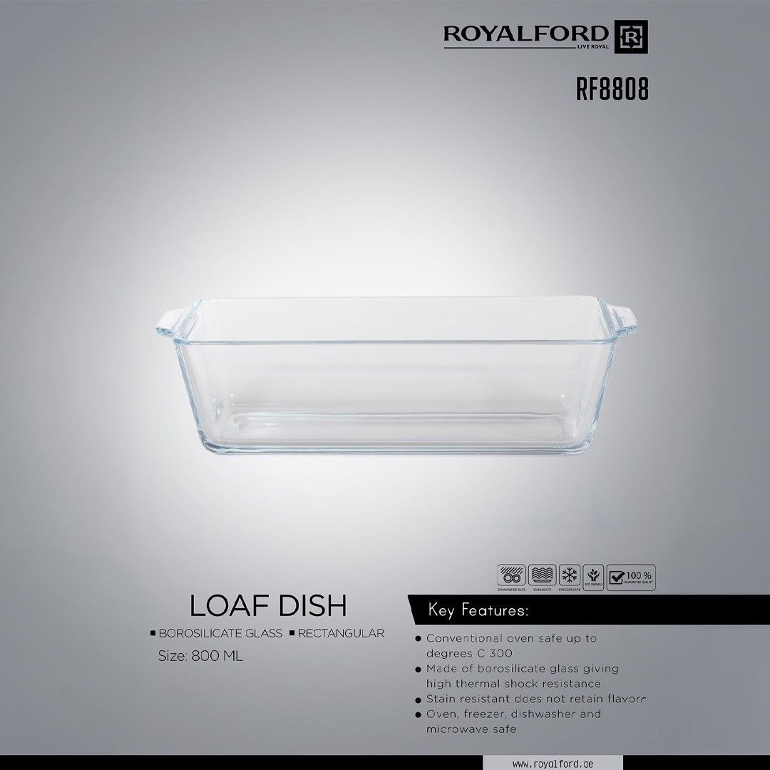 Royalford RF8808 800ml Borosilicate Glass Loaf Dish | Rectangular Oven Safe Baking Dish for Bread, Cake, Meatloaf | Microwave, Freezer, Dishwasher Safe & Home Baking Use