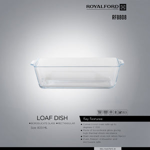 Royalford RF8808 800ml Borosilicate Glass Loaf Dish | Rectangular Oven Safe Baking Dish for Bread, Cake, Meatloaf | Microwave, Freezer, Dishwasher Safe & Home Baking Use