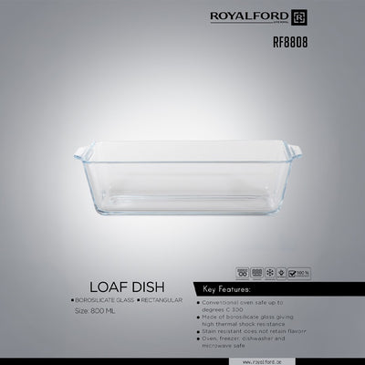 Royalford RF8808 800ml Borosilicate Glass Loaf Dish | Rectangular Oven Safe Baking Dish for Bread, Cake, Meatloaf | Microwave, Freezer, Dishwasher Safe & Home Baking Use