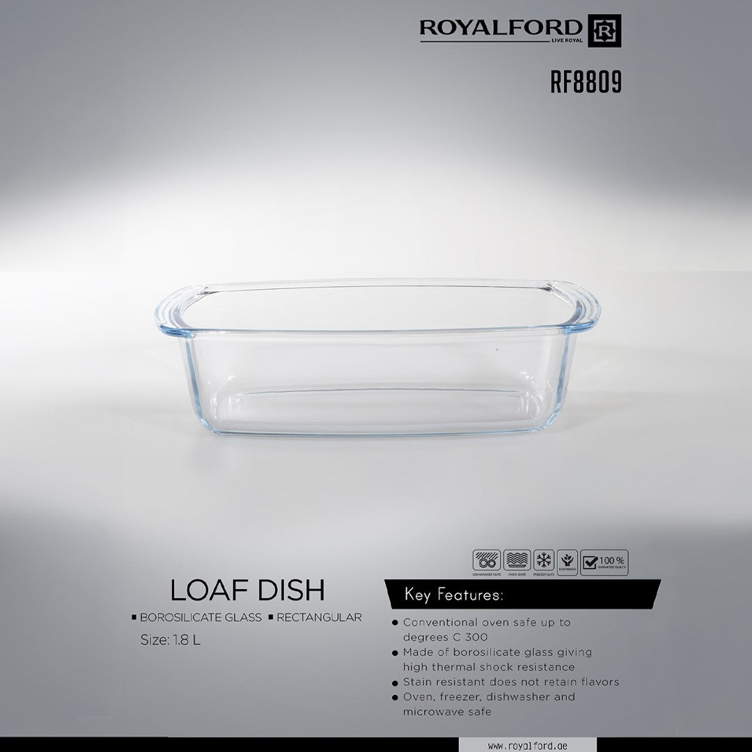 Royalford RF8809 1.8L Borosilicate Glass Loaf Dish | Rectangular Oven Safe Baking Dish for Bread, Cake, Meatloaf | Microwave, Freezer & Dishwasher Safe  Durable Design