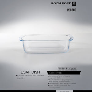 Royalford RF8809 1.8L Borosilicate Glass Loaf Dish | Rectangular Oven Safe Baking Dish for Bread, Cake, Meatloaf | Microwave, Freezer & Dishwasher Safe  Durable Design