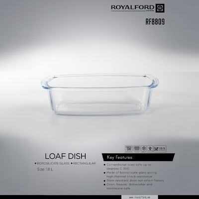 Royalford RF8809 1.8L Borosilicate Glass Loaf Dish | Rectangular Oven Safe Baking Dish for Bread, Cake, Meatloaf | Microwave, Freezer & Dishwasher Safe  Durable Design