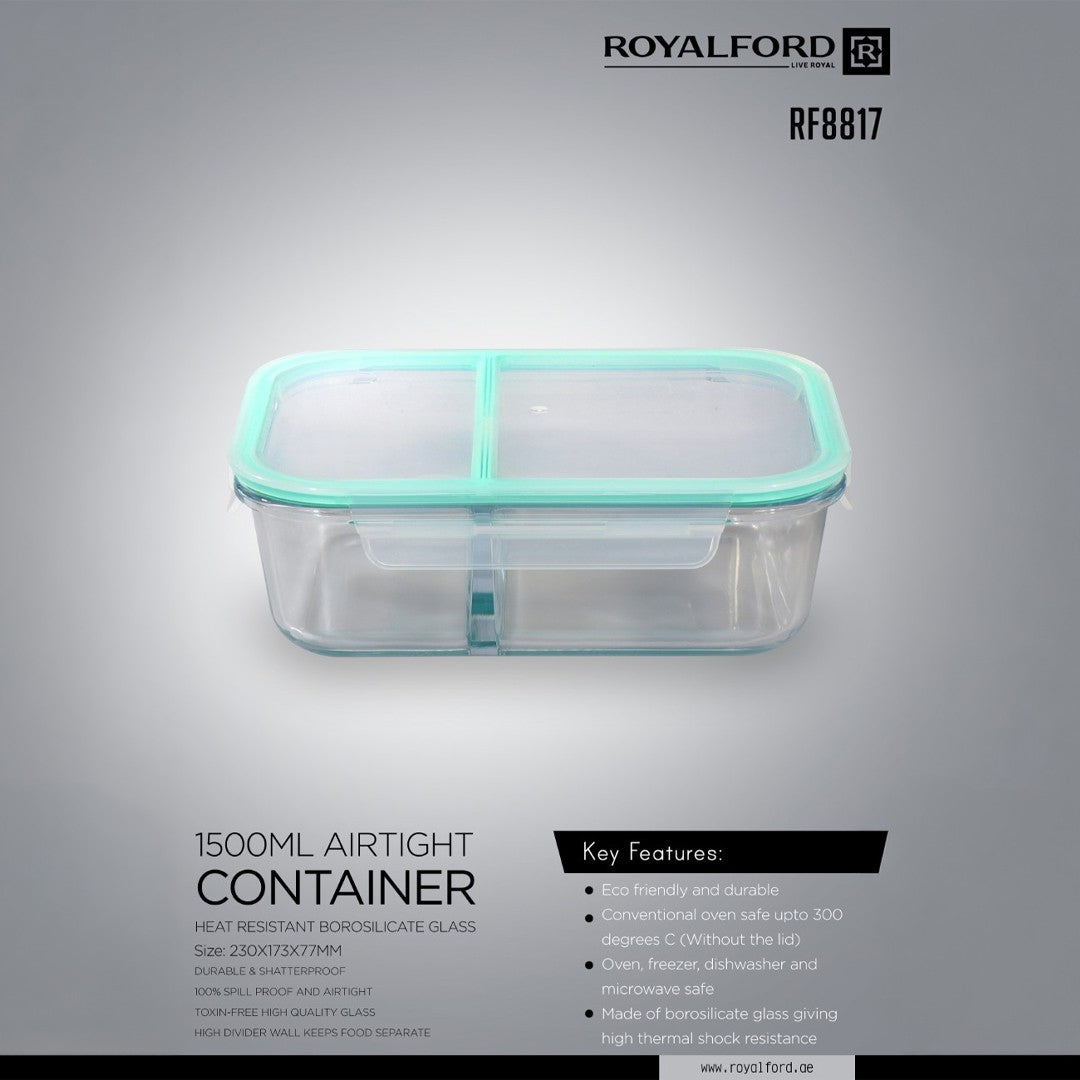 Royalford RF8817 1500ml Borosilicate Glass Airtight Container| Dual Partition| Leak-Proof Food Storage Box| Oven-Safe Meal Prep Glass Jar| Durable & Freshness Lock