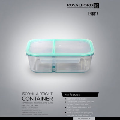 Royalford RF8817 1500ml Borosilicate Glass Airtight Container| Dual Partition| Leak-Proof Food Storage Box| Oven-Safe Meal Prep Glass Jar| Durable & Freshness Lock