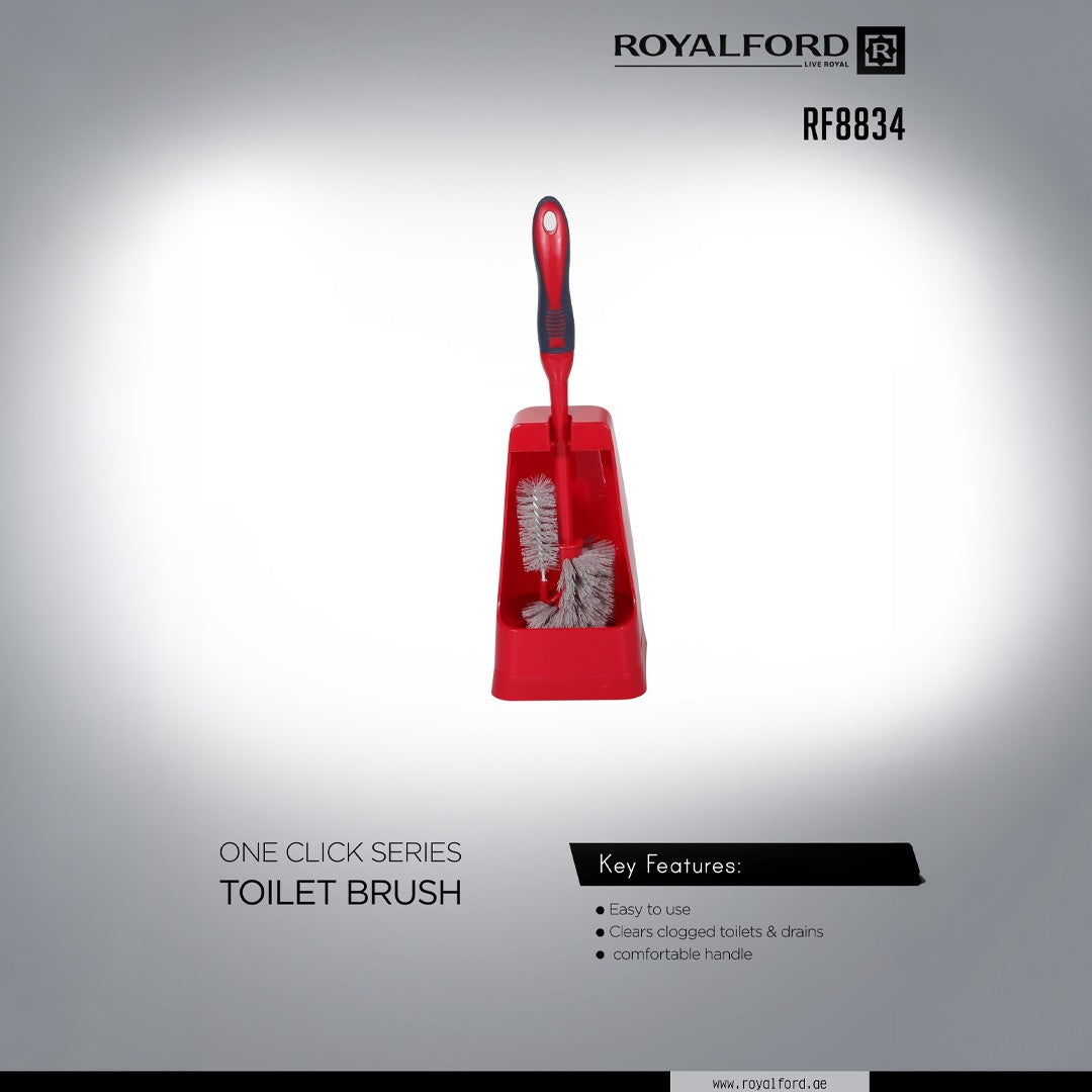 Royalford RF8834 One Click Series Toilet Brush | Holder Easy Clean Durable Bathroom Cleaning Brush | Ergonomic Handle Strong Bristles Hygienic Stand for Daily Toilet Use