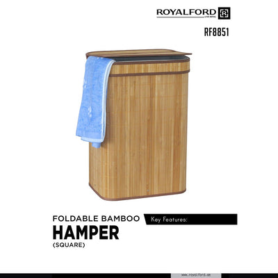 Royalford RF8851 Foldable Bamboo Laundry Hamper Square with Lid  | Eco-Friendly Laundry Storage Basket  | Perfect for Bathroom & Bedroom with Space Saving Design