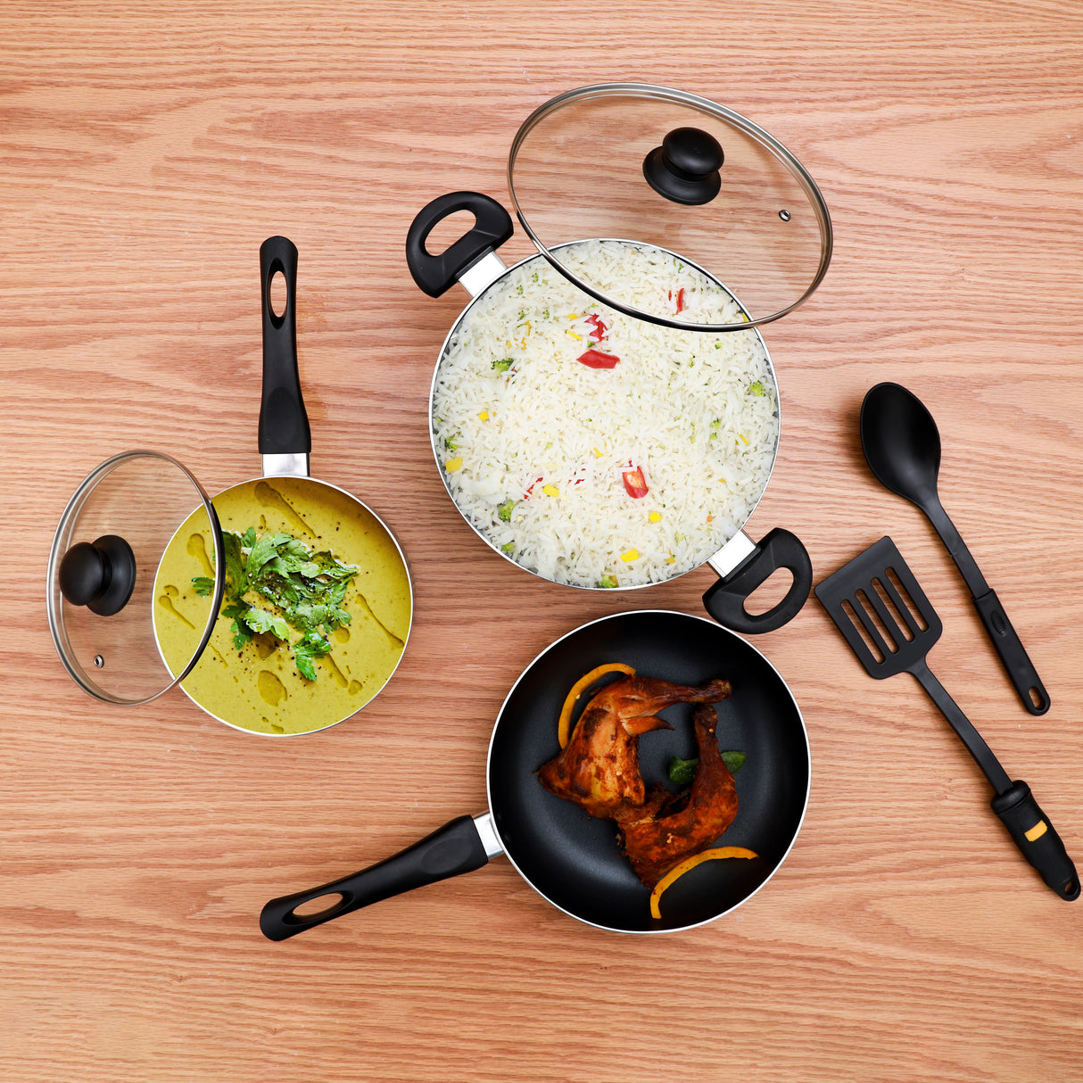 Royalford Aluminum 7 pieces cookware set RF8948 with non-stick coating and stainless steel Frames, Sauce pan, fry pan, casserole set, and 2 nylon tools included