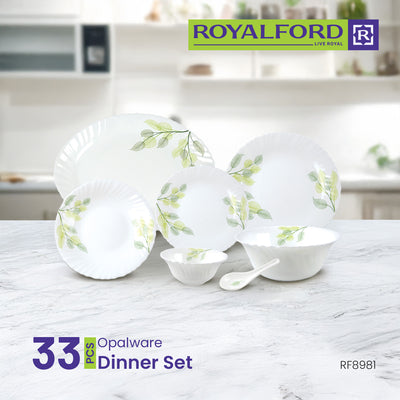 Royalford RF8981 33-Piece Opalware Dinner Set | Premium Tableware | Durable Leaf-Pattern Plates, Bowls & Spoons  | Dishwasher Safe, Microwave Safe  & Freezer Safe