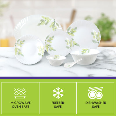 Royalford RF8981 33-Piece Opalware Dinner Set | Premium Tableware | Durable Leaf-Pattern Plates, Bowls & Spoons  | Dishwasher Safe, Microwave Safe  & Freezer Safe