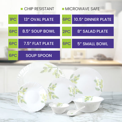 Royalford RF8981 33-Piece Opalware Dinner Set | Premium Tableware | Durable Leaf-Pattern Plates, Bowls & Spoons  | Dishwasher Safe, Microwave Safe  & Freezer Safe