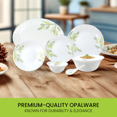 Royalford RF8981 33-Piece Opalware Dinner Set | Premium Tableware | Durable Leaf-Pattern Plates, Bowls & Spoons  | Dishwasher Safe, Microwave Safe  & Freezer Safe