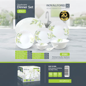 Royalford RF8981 33-Piece Opalware Dinner Set | Premium Tableware | Durable Leaf-Pattern Plates, Bowls & Spoons  | Dishwasher Safe, Microwave Safe  & Freezer Safe