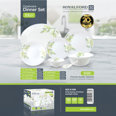 Royalford RF8981 33-Piece Opalware Dinner Set | Premium Tableware | Durable Leaf-Pattern Plates, Bowls & Spoons  | Dishwasher Safe, Microwave Safe  & Freezer Safe