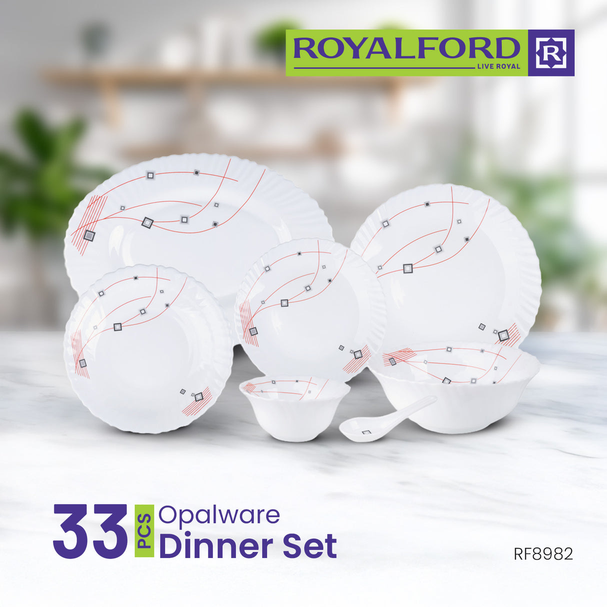 Royalford RF8982 33-Piece Opalware Dinner Set | Premium Durable Tableware | Elegant Modern Design| Microwave Safe| Dishwasher Safe| Freezer Safe|  Perfect for Daily Use