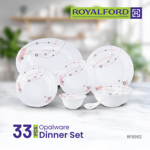 Royalford RF8982 33-Piece Opalware Dinner Set | Premium Durable Tableware | Elegant Modern Design| Microwave Safe| Dishwasher Safe| Freezer Safe|  Perfect for Daily Use
