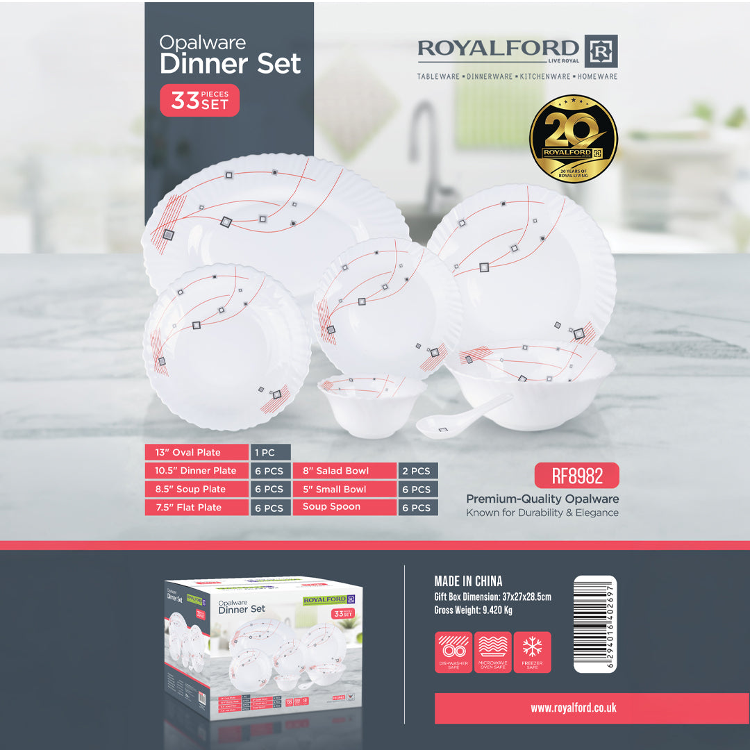 Royalford RF8982 33-Piece Opalware Dinner Set | Premium Durable Tableware | Elegant Modern Design| Microwave Safe| Dishwasher Safe| Freezer Safe|  Perfect for Daily Use
