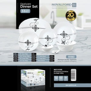 Royalford RF8983 33-Piece Opalware Dinner Set |Elegant Floral Tableware | Premium Durable Opal Glass | Lightweight Design |Dishwasher Safe, Microwave Safe & Freezer Safe