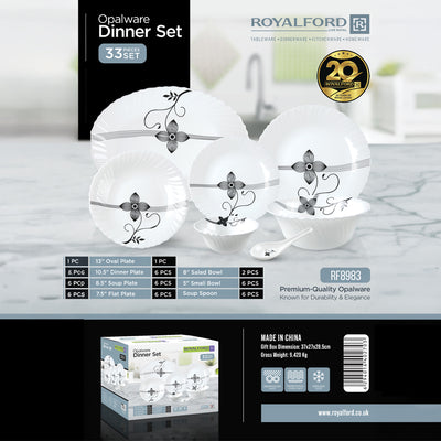 Royalford RF8983 33-Piece Opalware Dinner Set |Elegant Floral Tableware | Premium Durable Opal Glass | Lightweight Design |Dishwasher Safe, Microwave Safe & Freezer Safe