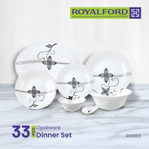 Royalford RF8983 33-Piece Opalware Dinner Set |Elegant Floral Tableware | Premium Durable Opal Glass | Lightweight Design |Dishwasher Safe, Microwave Safe & Freezer Safe