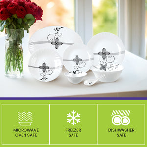 Royalford RF8983 33-Piece Opalware Dinner Set |Elegant Floral Tableware | Premium Durable Opal Glass | Lightweight Design |Dishwasher Safe, Microwave Safe & Freezer Safe