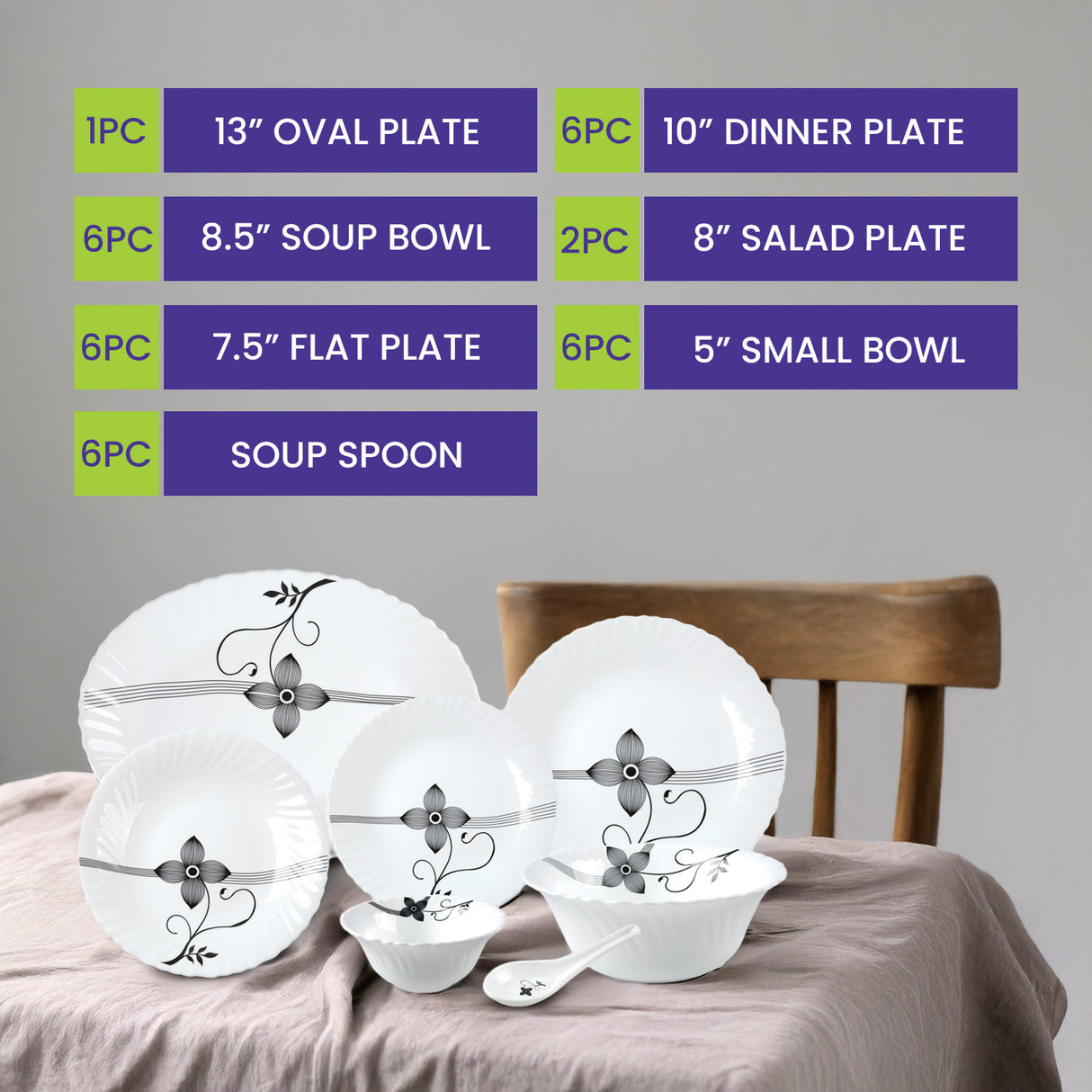 Royalford RF8983 33-Piece Opalware Dinner Set |Elegant Floral Tableware | Premium Durable Opal Glass | Lightweight Design |Dishwasher Safe, Microwave Safe & Freezer Safe