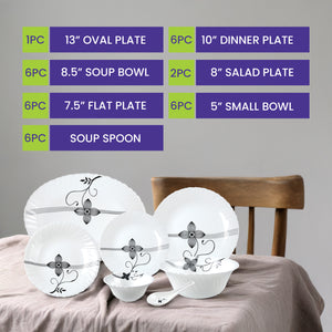 Royalford RF8983 33-Piece Opalware Dinner Set |Elegant Floral Tableware | Premium Durable Opal Glass | Lightweight Design |Dishwasher Safe, Microwave Safe & Freezer Safe