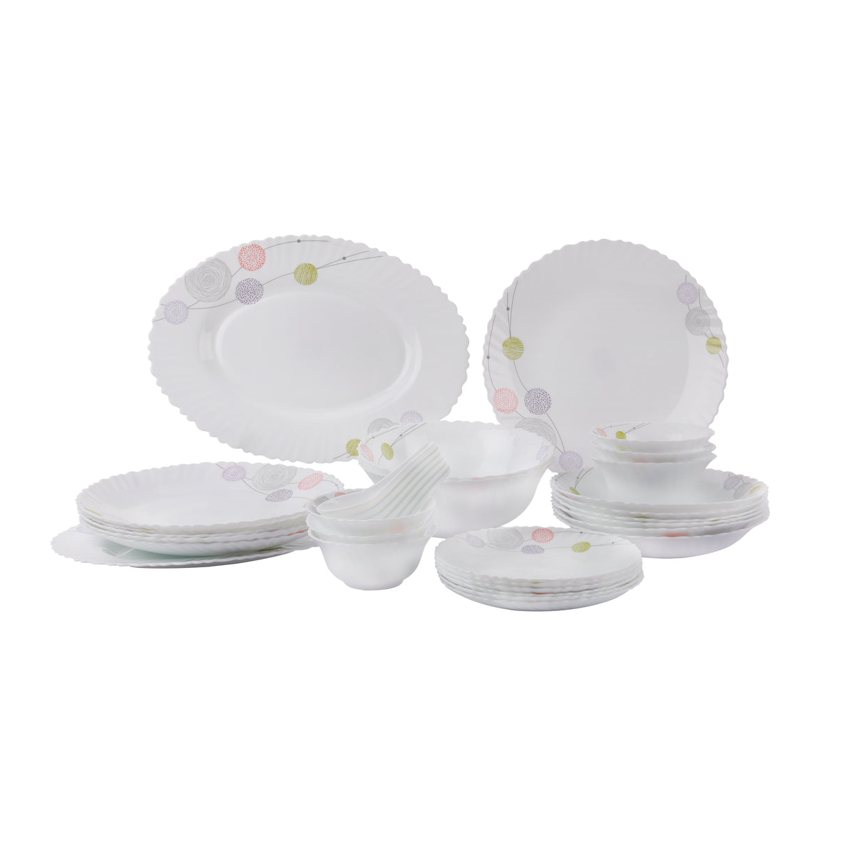 Royalford RF8984 Opalware Dinner Set 34Pcs | Elegant Floral Design Dining Collection | Lightweight| Chip-Resistant Opal Glass Plates & Bowls |Freezer-Safe Tableware Set