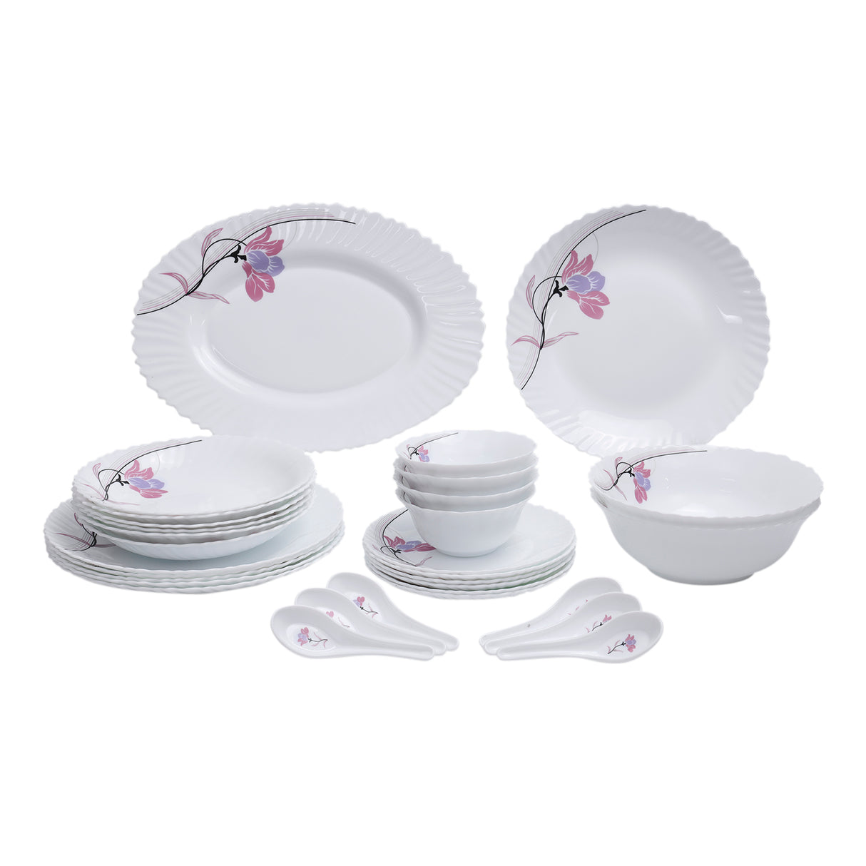 Royalford RF8986 34 Pcs Opalware Dinner Set | Premium Floral Designed Tableware Collection  | Lightweight, Chip-Resistant Plates & Bowls| Durable & Elegant Serveware Set