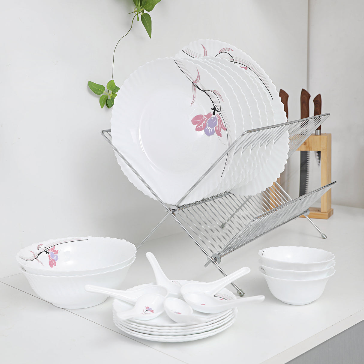 Royalford RF8986 34 Pcs Opalware Dinner Set | Premium Floral Designed Tableware Collection  | Lightweight, Chip-Resistant Plates & Bowls| Durable & Elegant Serveware Set