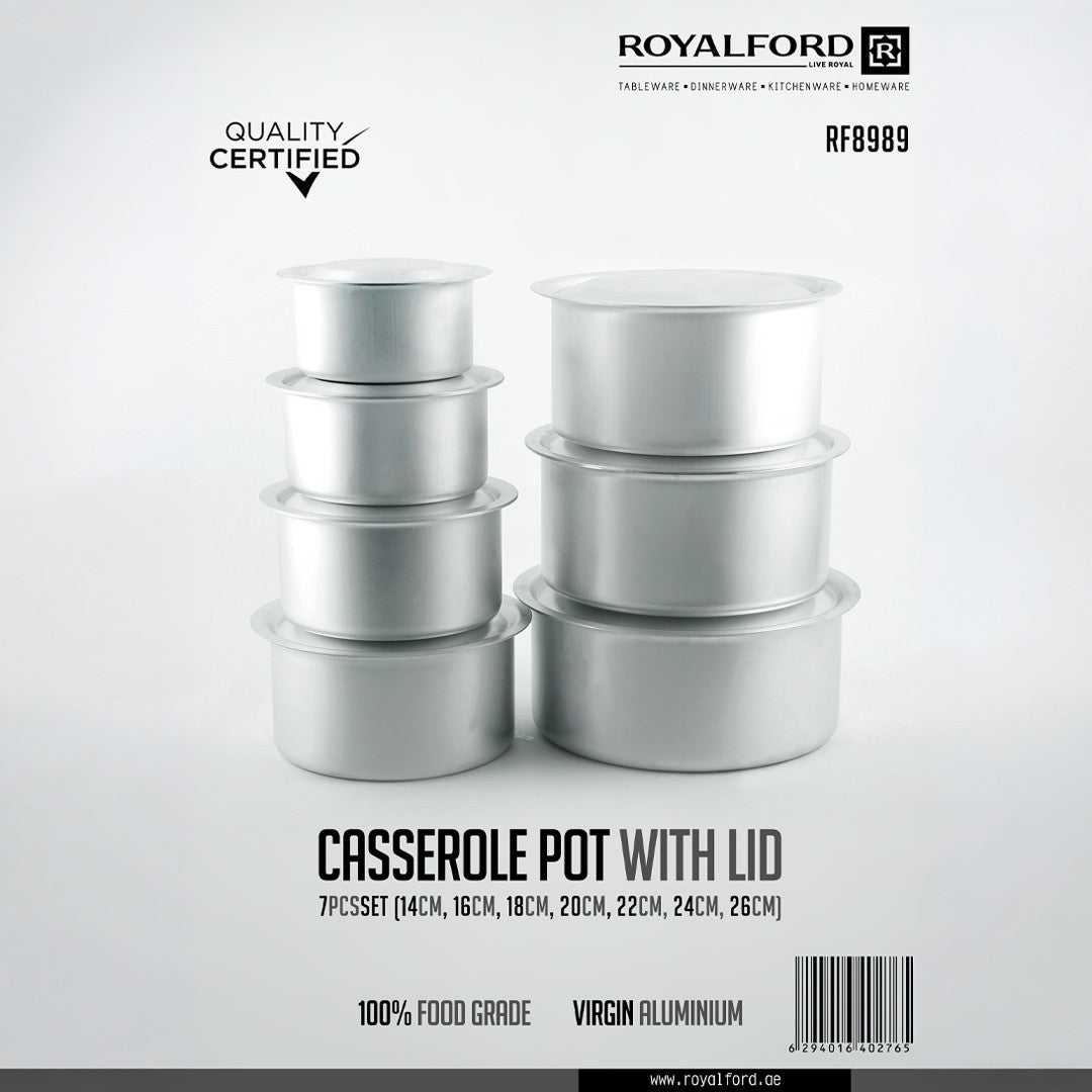 Royalford RF8989 7-Piece Aluminium Casserole Pot Set with Lids | 14cm, 16cm, 18cm, 20cm, 22cm, 24cm & 26cm | 100% food-grade virgin aluminium |Excellent heat conductivity