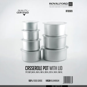Royalford RF8989 7-Piece Aluminium Casserole Pot Set with Lids | 14cm, 16cm, 18cm, 20cm, 22cm, 24cm & 26cm | 100% food-grade virgin aluminium |Excellent heat conductivity