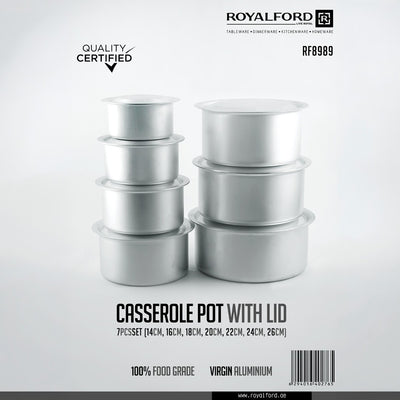 Royalford RF8989 7-Piece Aluminium Casserole Pot Set with Lids | 14cm, 16cm, 18cm, 20cm, 22cm, 24cm & 26cm | 100% food-grade virgin aluminium |Excellent heat conductivity