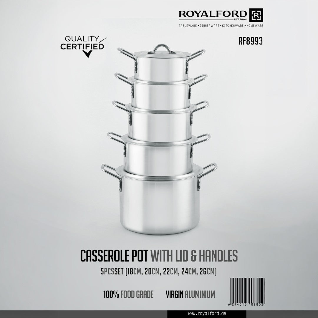 Royalford RF8993 5-Piece Virgin Aluminium Casserole Pot Set |Lightweight yet durable construction|Excellent heat conductivity |Sturdy dual side handles |Well-fitting lids