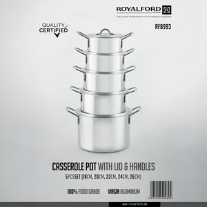 Royalford RF8993 5-Piece Virgin Aluminium Casserole Pot Set |Lightweight yet durable construction|Excellent heat conductivity |Sturdy dual side handles |Well-fitting lids