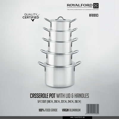 Royalford RF8993 5-Piece Virgin Aluminium Casserole Pot Set |Lightweight yet durable construction|Excellent heat conductivity |Sturdy dual side handles |Well-fitting lids