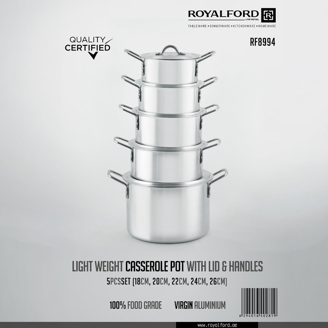 Royalford RF8994 5-Piece Lightweight Aluminium Casserole Pot Set with Lids & Handles | Food-Grade Virgin Aluminium | Lightweight construction | Durable aluminium body