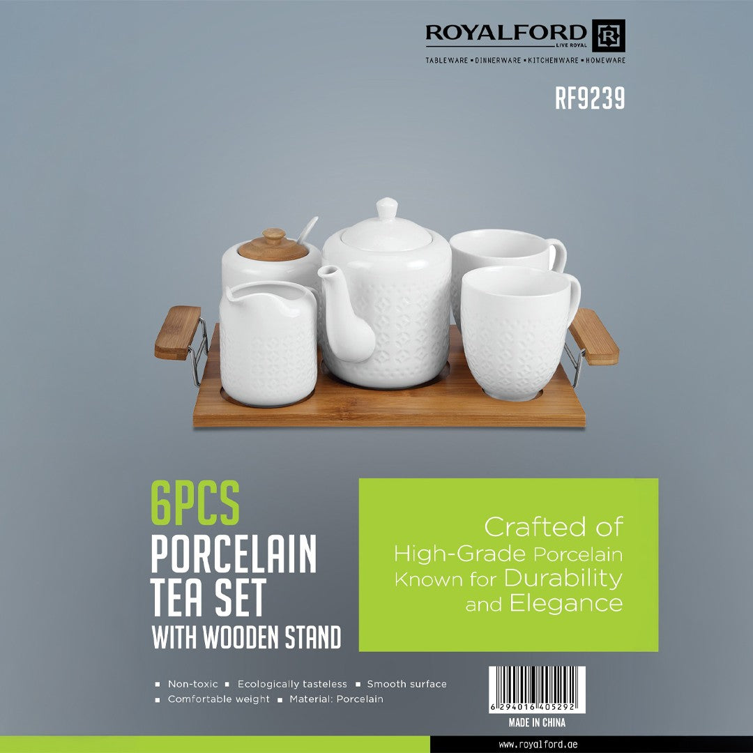 Royalford RF9239 6Pcs Porcelain Tea Set |  Wooden Stand High-Grade Porcelain Tea Pot Cups Accessories Set | Elegant Serving Tray for Home Gifting and Entertaining