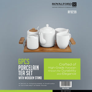Royalford RF9239 6Pcs Porcelain Tea Set |  Wooden Stand High-Grade Porcelain Tea Pot Cups Accessories Set | Elegant Serving Tray for Home Gifting and Entertaining