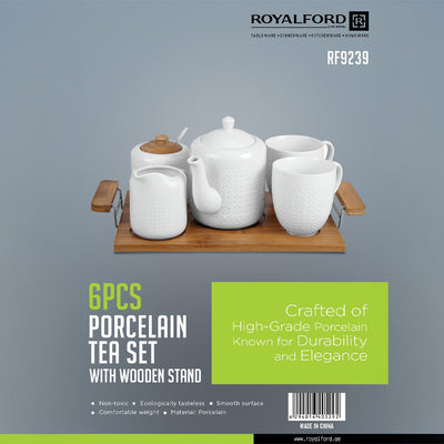 Royalford RF9239 6Pcs Porcelain Tea Set |  Wooden Stand High-Grade Porcelain Tea Pot Cups Accessories Set | Elegant Serving Tray for Home Gifting and Entertaining