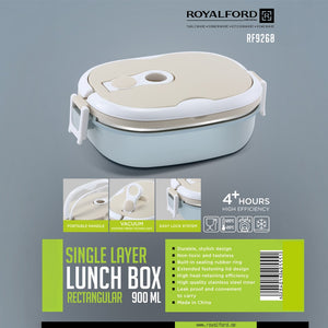 Royalford RF9268 Single Layer Lunch Box 900ml | Vacuum Insulated Stainless Steel Container | Leak Proof Easy Lock System | Perfect for Office, School, Travel & Daily Use