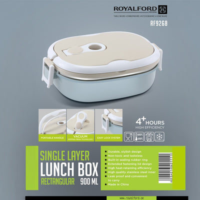 Royalford RF9268 Single Layer Lunch Box 900ml | Vacuum Insulated Stainless Steel Container | Leak Proof Easy Lock System | Perfect for Office, School, Travel & Daily Use