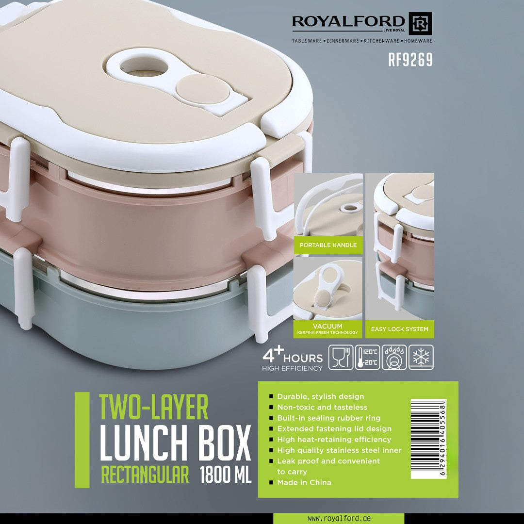 Royalford RF9269 Two-Layer Rectangular Lunch Box 1800ML| Stainless Steel Inner| Leak-Proof Easy Lock System| Vacuum Sealing & Portable Handle for Office, School & Travel