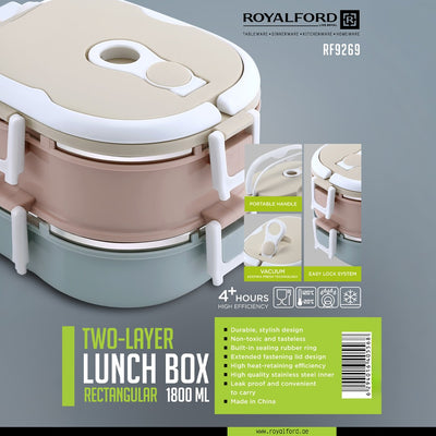 Royalford RF9269 Two-Layer Rectangular Lunch Box 1800ML| Stainless Steel Inner| Leak-Proof Easy Lock System| Vacuum Sealing & Portable Handle for Office, School & Travel