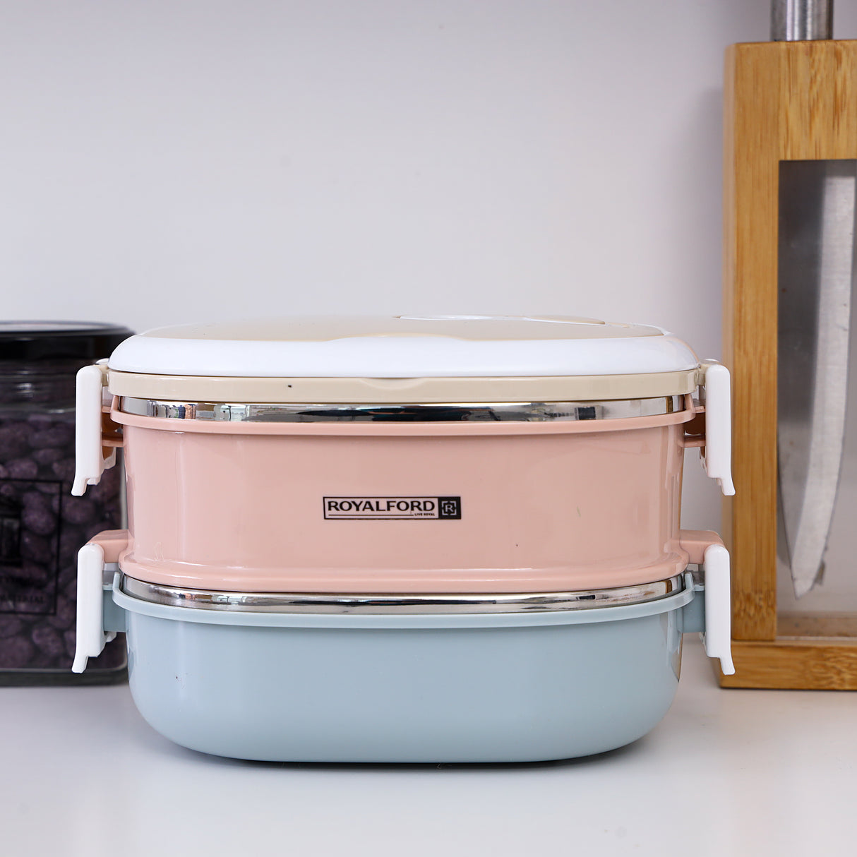 Royalford RF9269 Two-Layer Rectangular Lunch Box 1800ML| Stainless Steel Inner| Leak-Proof Easy Lock System| Vacuum Sealing & Portable Handle for Office, School & Travel