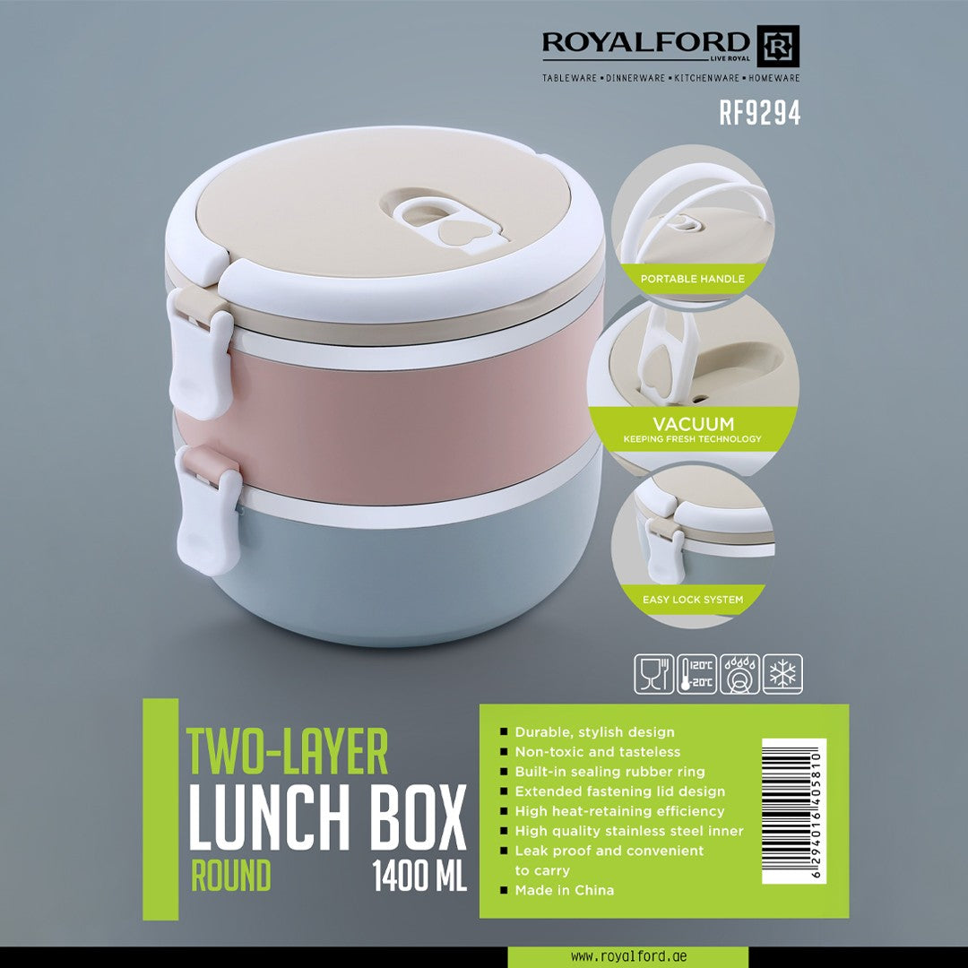 Royalford RF9294 Two-Layer Lunch Box 1400ml |Vacuum Insulated Stainless Steel Food Container | Leak Proof Easy Lock System| Portable Handle for Office, Travel & Daily Use