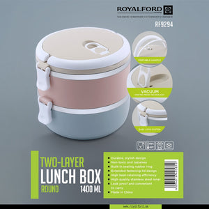 Royalford RF9294 Two-Layer Lunch Box 1400ml |Vacuum Insulated Stainless Steel Food Container | Leak Proof Easy Lock System| Portable Handle for Office, Travel & Daily Use