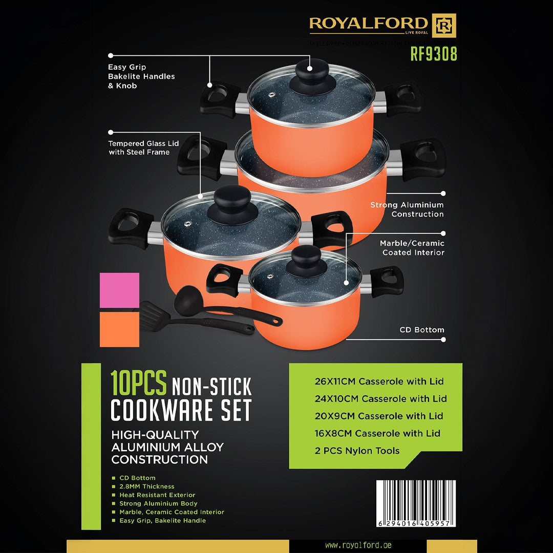 Royalford RF9308 10-Piece Non-Stick Cookware Set | Aluminium Alloy Casserole Set with Tempered Glass Lids & Nylon Tools | Tempered glass lids | Easy-grip Bakelite handles