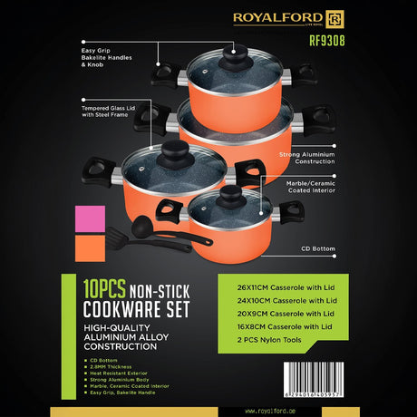 Royalford RF9308 10-Piece Non-Stick Cookware Set | Aluminium Alloy Casserole Set with Tempered Glass Lids & Nylon Tools | Tempered glass lids | Easy-grip Bakelite handles